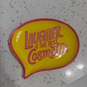 Benefit Cosmetics Yellow Speech Bubble Ceramic dish with Pink Lettering